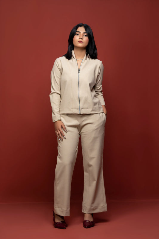 Classic Essence Off-white Zipper Set | Shirt & Trouser