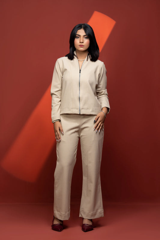 Classic Essence Off-white Zipper Set | Shirt & Trouser