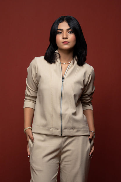 Classic Essence Off-white Zipper Set | Shirt & Trouser