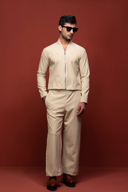 Classic Essence Off-white Zipper Set | Shirt & Trouser